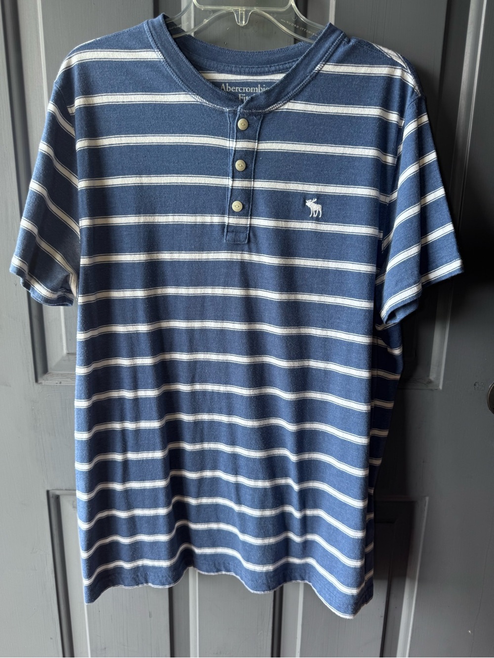 Abercrombie & Fitch Navy and White Striped Henley Tee
